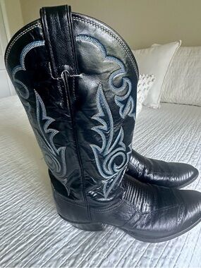Justin Black Vintage Lizard Western Cowboy Boots with Blue Embroidery
